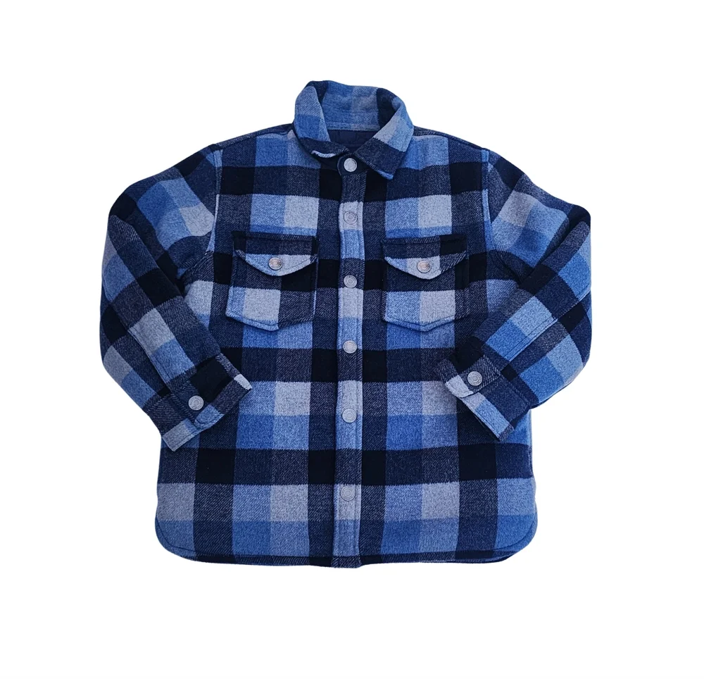 GAP Kids Boy's Work Shirt Jacket Shacket Lined Insulated Plaid Blue Gray, Size M